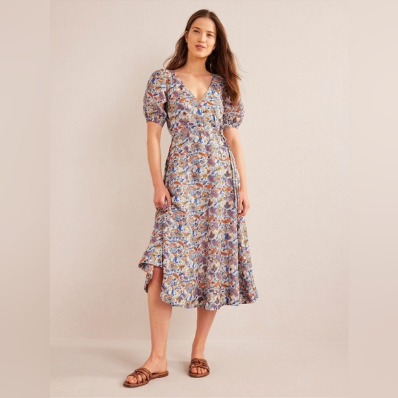 Boden Linen Blend Midi Dress Puff Sleeve A-Line Floral Boho Print V-Neck Size 14 - Picture 3 of 16